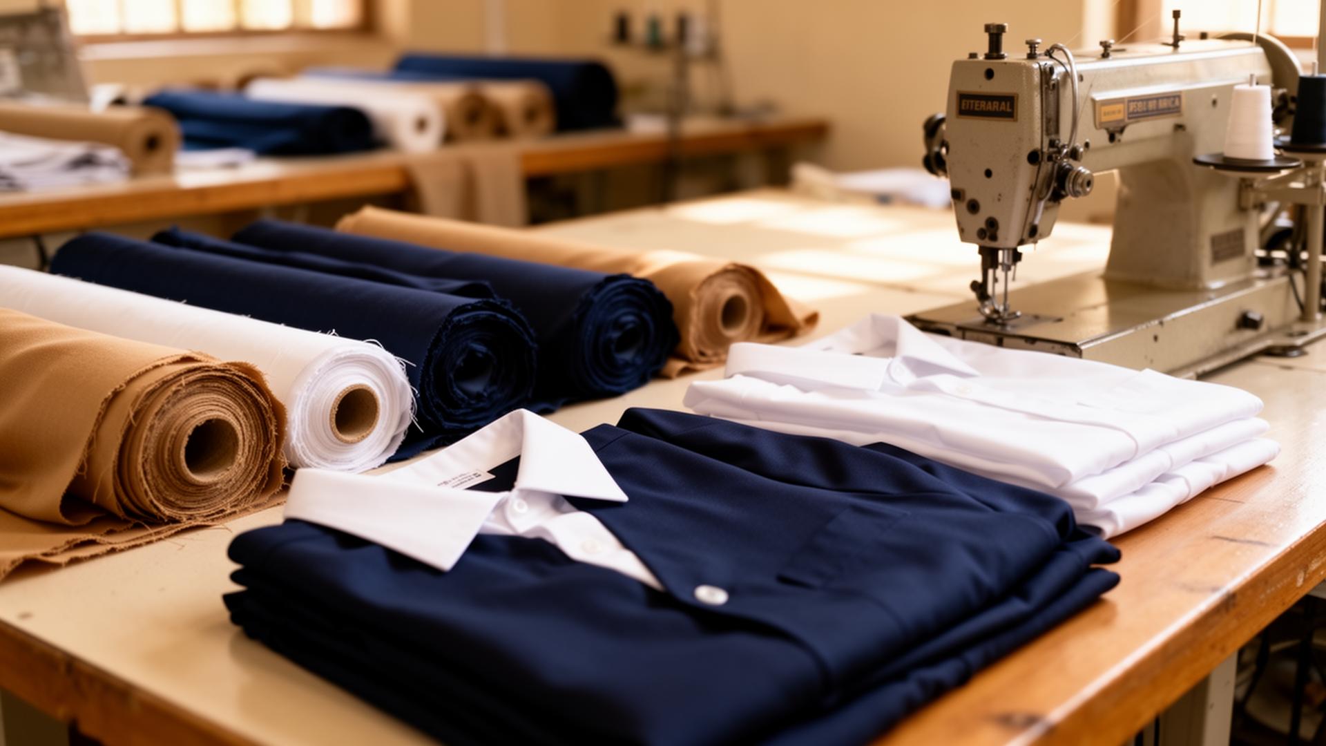 Folded school uniforms, fabric rolls and industrial sewing machine in a textile workshop