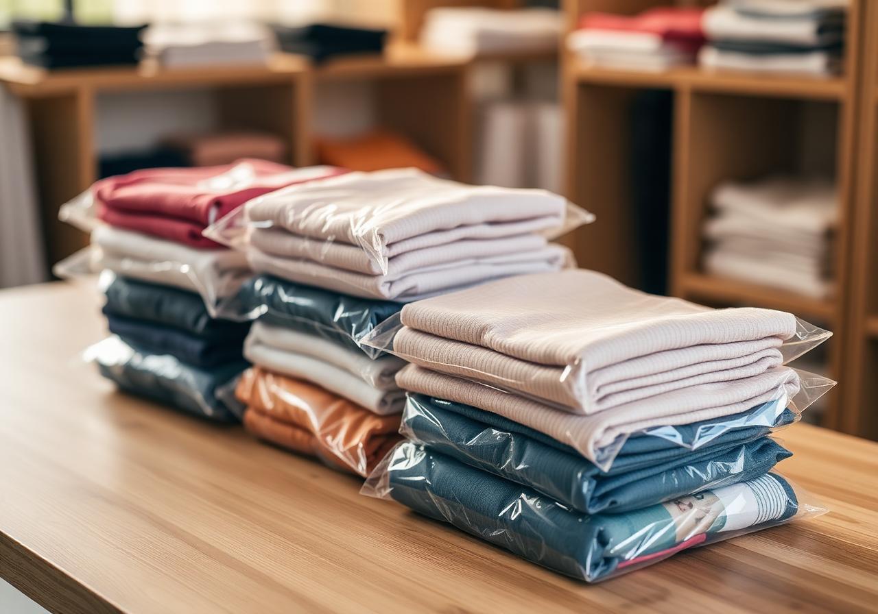 Folded clothing packaged in clear bags ready for delivery