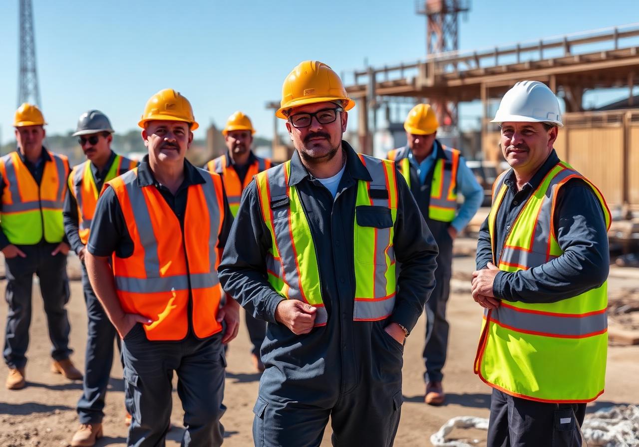 Workers in reflective vests and overalls representing institutional PPE supply